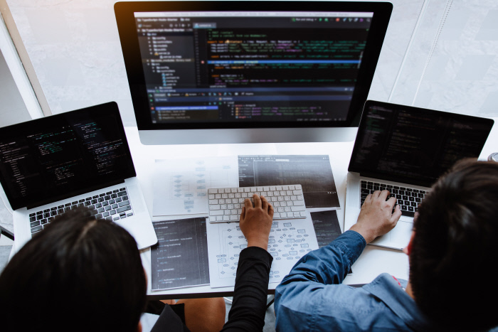 Programmeur de perfectionnement professionnel coopérant site de programmation de réunion travaillant un logiciel dans la salle de bureau.